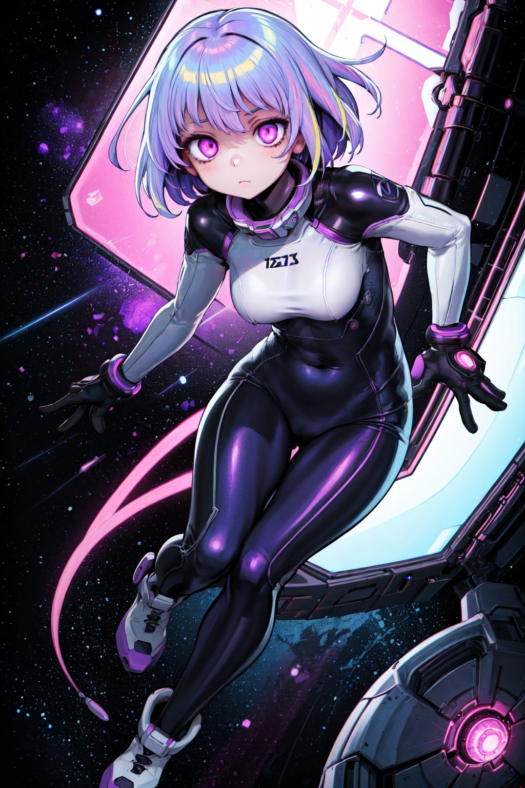 best quality,4k,(1girl,solo,fullbody),(short hair,light_purple_hair,neon_hair),purple eyes,dead eyes,dive_clothes,on_spaceship,space,stars,
coreful_space,




