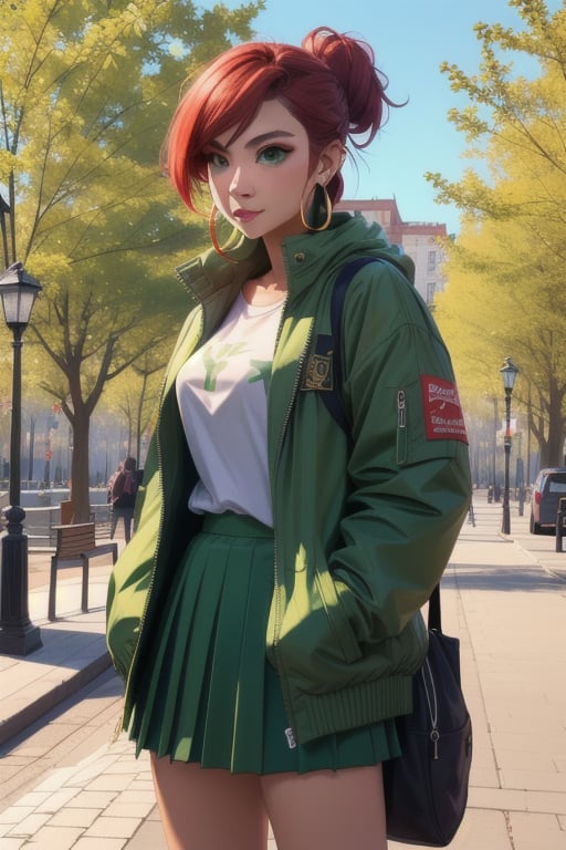 frankie_wai with Green eyes, wearing Green jacket, skirt, with shirt, ear earrings, in park, masterpiece, 8k,