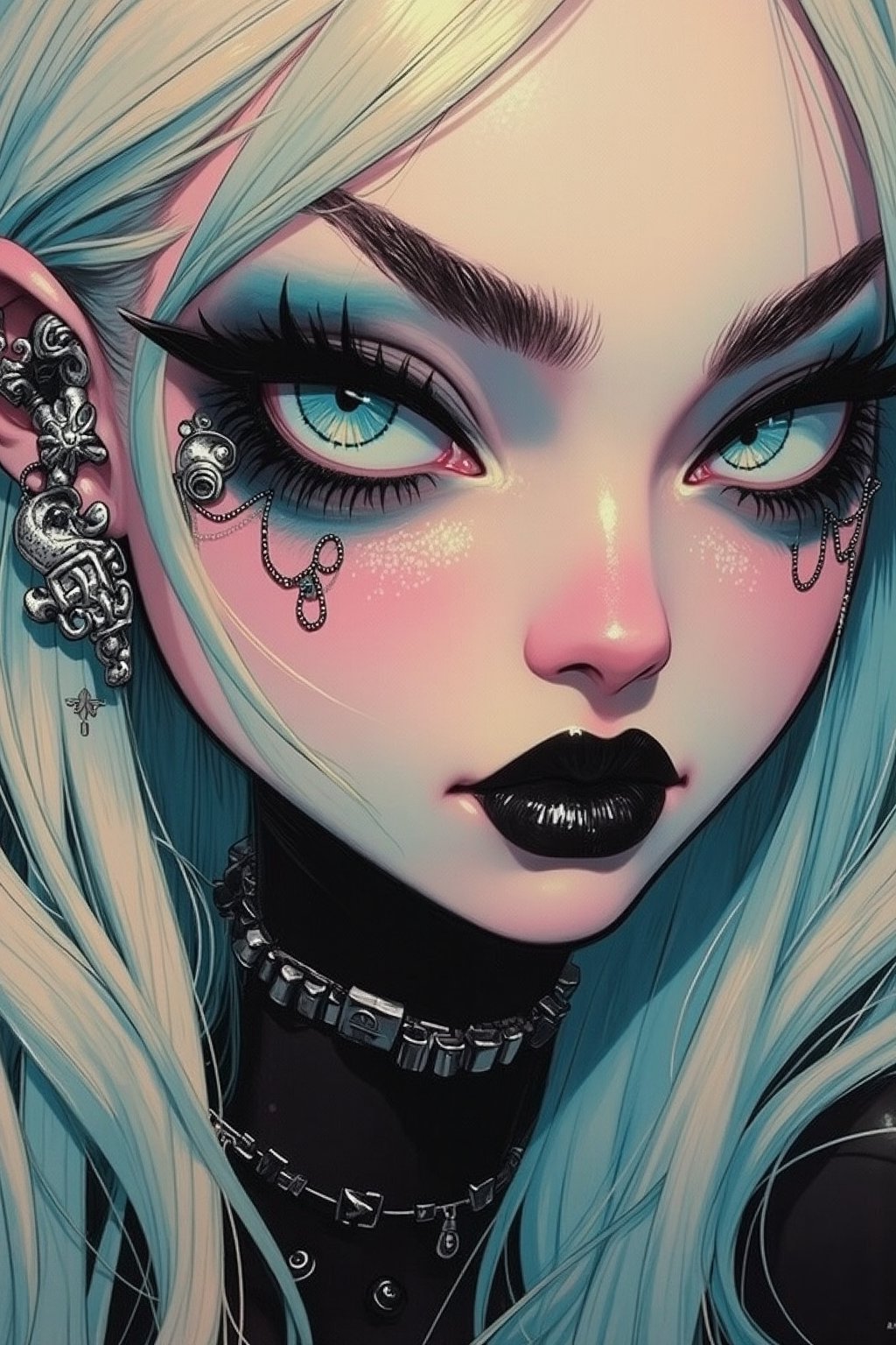 best quality, a goth girl, blonde hair, blue eyes, metallic adornments in the face, silver earings, black lipstick, insanely detailed eyes,pcv figure,kawaiicolors, texture, brushstrokes