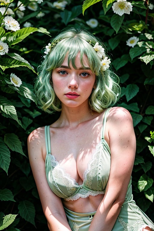 RAW, analog, Nikon Z 85mm, award winning glamour green hair photograph,((best quality)), ((masterpiece)), ((realistic)), 18th century, vintage image, gorgeous  woman wearing,( lace lingerie), 25 year old, huge,breasts, petite, ((small breasts)), innocent, flower pedals in the air, (freckles:0.6), intricate details, highly detailed, sharp focus, professional, 4k, spring flowers blooming, god rays, hand model, stunning blue eyes, petite, delicate, innocent,highres, detailed facial features, high detail, sharp focus, smooth, aesthetic, extremely detailed, photo_\(ultra\), photorealistic, realistic, post-processing, max detail, roughness, real life, ultra realistic, photorealism, photography, 8k uhd, photography, SEMI-SILHOUETTE light, 
,anime,gwen stacy