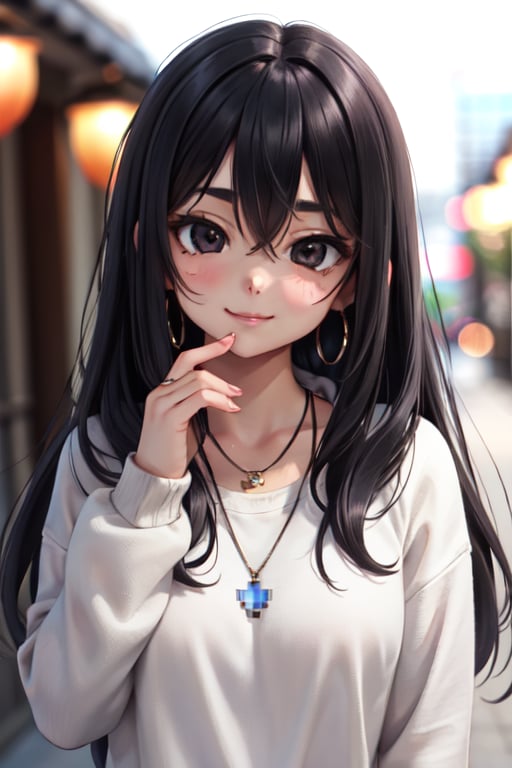 pixel,1girl, bangs, black hair, blurry, sweatshirt, blurry background, mysterious, nose ring, bokeh, black eyes, black hair, closed mouth, daytime, depth of field, hair between eyes, squinting, head tilt , lips, long hair, long sleeves, looking at viewer, necklace, nose, outdoors, shirt, smile, soil, thick, eyebrows, ((masterpiece)) (high quality) (Pixel art)