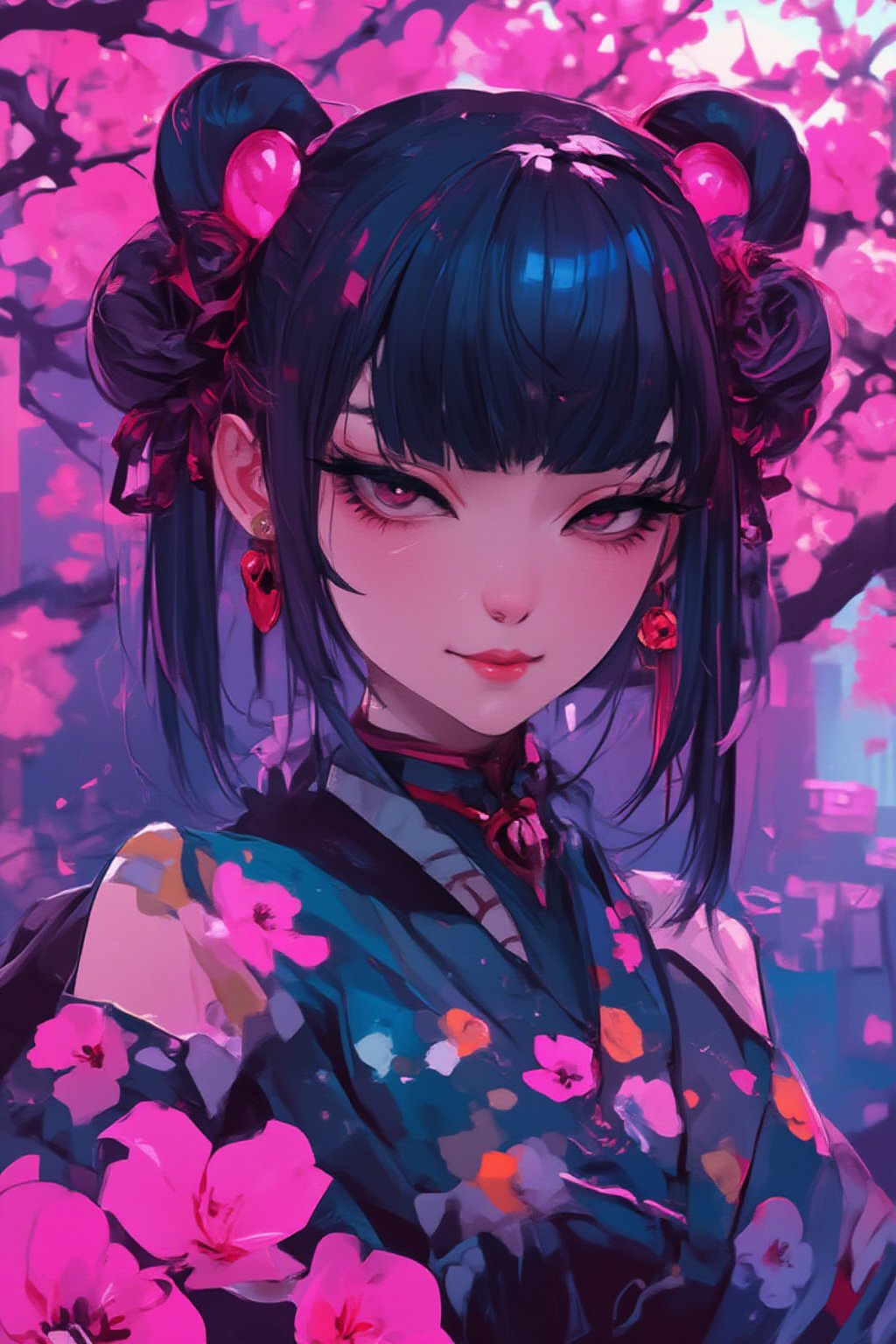 ((((futuremadness, , anime style, vivid colors, flat style, gradient, fluorecent , cyberpunk  cyborg)))), 1girl, solo, looking at viewer, smile, bangs, black hair, hair ornament, red eyes, bow, jewelry, closed mouth, upper body, flower, earrings, outdoors, japanese clothes, pink eyes, kimono, blurry, tree, lips, parted bangs, eyelashes, makeup, depth of field, blurry background, floral print, cherry blossoms, tassel, hair rings, nose, 