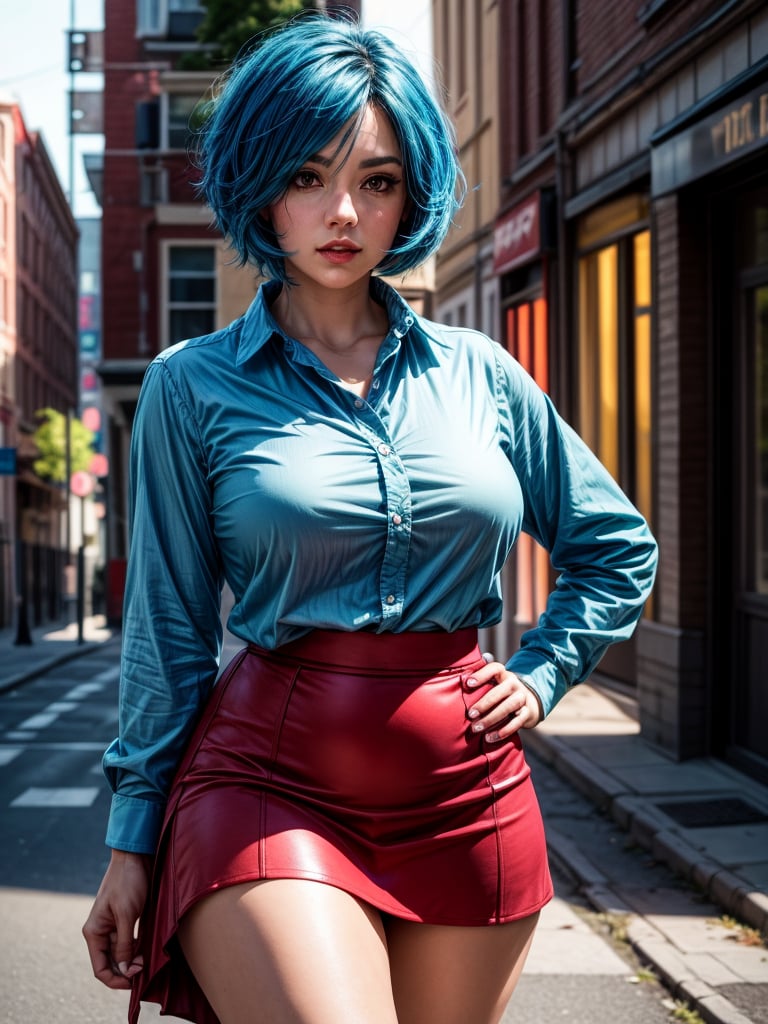 a professional photo of bluehaired woman, wearing a  collared white shirt, asymmetric pink skirt, dynamic standing in the abandoned street goldenhour sunbathing, facelit, ((extremely detailed skin)), (perfect eyes), (((perfect hands))), (curvy hips:0.8), (filmic lighting), (photorealistic:1.2), close up, 8k, dslr, bokeh, ultra high res,  