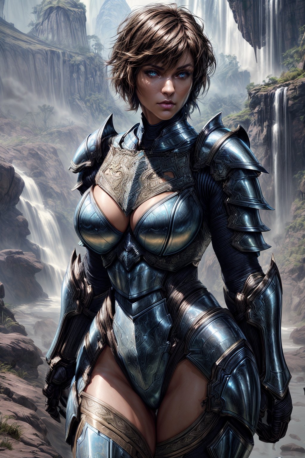 Amazonian woman, beautiful,  brunette, short hair, straight hair,  pixie cut hairstyle, medium breasts, large thighs, thick big ass, serious stunning face, with skintight blue armour, hdr, uhd, 64k, highly detailed, professional photography, trending on artstation, unreal engine, vivid colors, high resolution scanning, 