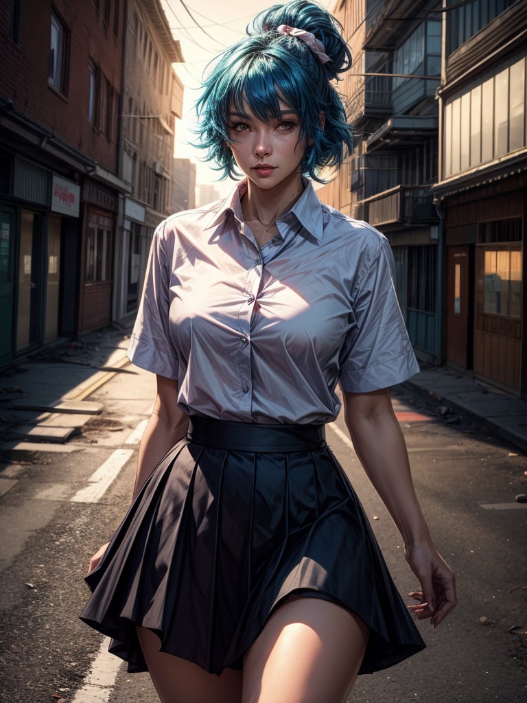 a professional photo of bluehaired woman, wearing a  collared white shirt, asymmetric pink skirt, dynamic standing in the abandoned street goldenhour sunbathing, facelit, ((extremely detailed skin)), (perfect eyes), (((perfect hands))), (curvy hips:0.8), (filmic lighting), (photorealistic:1.2), close up, 8k, dslr, bokeh, ultra high res,  