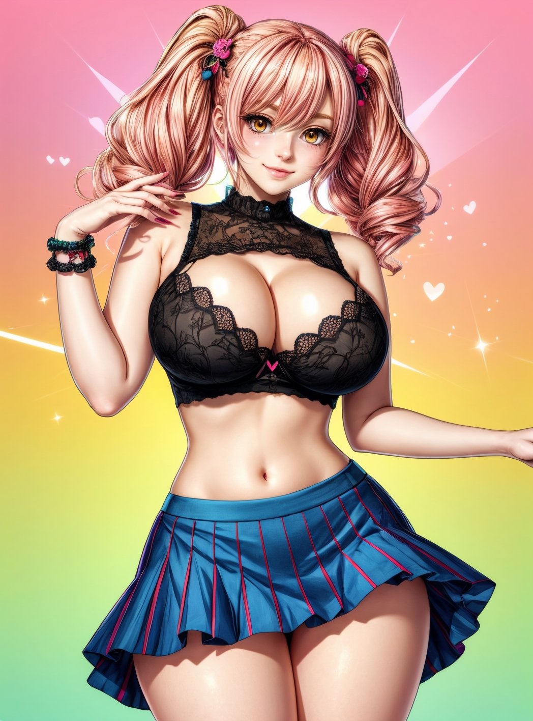 masterpiece, highly detailed skin, hdr, 8k, intricate details, (image of woman:1.2), skirt, tanktop, huge breasts, wide hips, beautiful face, long legs, femme fatale, kawaii style undefined, cute, adorable, brightly colored, cheerful, anime influence, highly detailed, manga style undefined, vibrant, high-energy, detailed, iconic, Japanese comic style