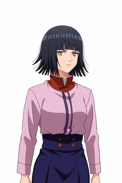 1female, straightjacke1female, hygua_clan, Byakugan, in the style of Masashi Kishimoto, Naruto, girl, jlullaby, portrait, Kunoichi clothing, dark_purple_and_tan_robes, black hair, extremely long hair, hair over eyes, spiky hair, monocrome_clothing, white_eyes, white_irises, pale, skin, naruto background, action pose, combat action poset, red hair, orange eyes,SFW,Jujutsu Kaisen Season 2 Anime Style