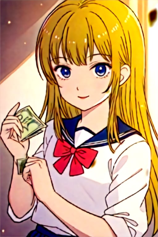 masterpiece, best quality, (anime screenshot), Hibari, model, 1boy, blue eyes, slender, smile, long hair, blonde hair, shirt, serafuku, skirt, school uniform, smiling, cute pose, 1boys, facial hair, money, vest, holding, holding money, white shirt, upper body, jewelry, blurred, beard, formal, light-skinned woman, supermodel, :<, perfect face, skinny, 20 years old, petite, brown pixie cut with bangs, full lips, sexy luxury dress, light-skinned African, olive skin, skin texture, Heliconia eyes, best quality, RAW photo , subject, 8k uhd, high quality, dark-skinned man,