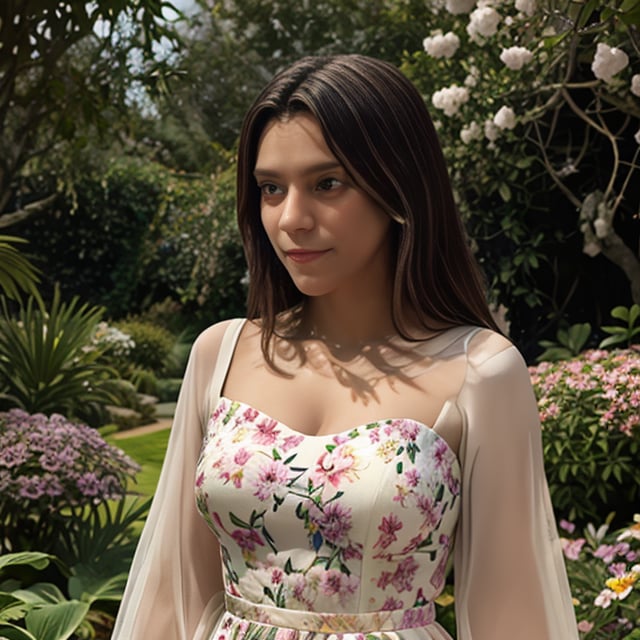 Generate a hyper-realistic image of a woman in a pastel-hued couture evening gown, with intricate floral patterns that match the vibrant flowers around her. Place her in a charming botanical garden, oozing sophistication. ((upper body)),1 girl,JimePicollo