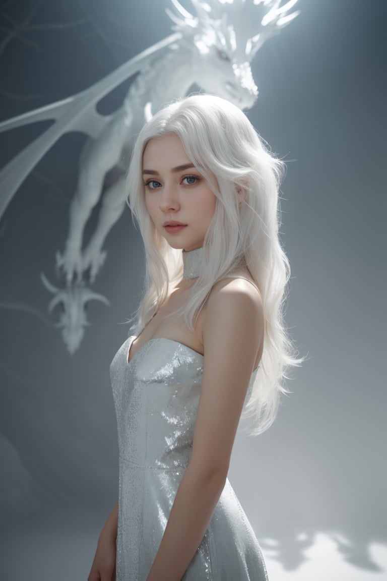 A young woman with sleek, backcombed hair stands confidently against a radiant white backdrop, enveloped by an ethereal glow. A majestic white dragon emerges from the shadows behind her, its shimmering scales reflecting the soft light like moonlit ice. Soft, Lofi lighting illuminates her upper body, showcasing every detail of her enigmatic expression and the mystical creature beside her.