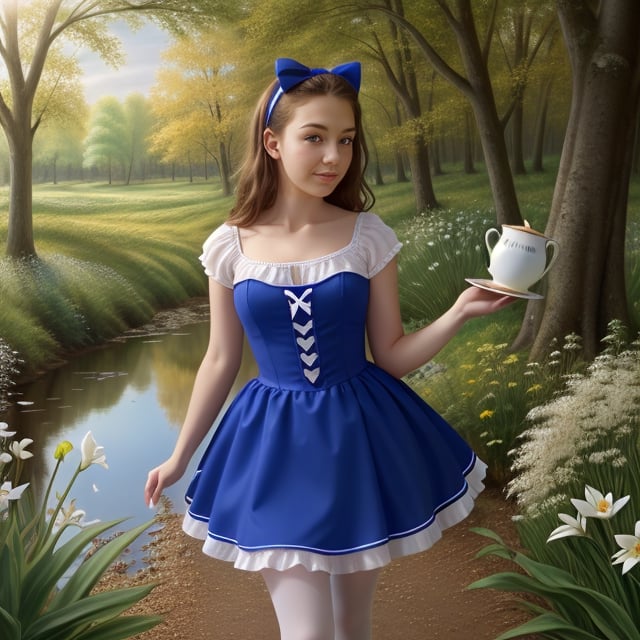 (alice in wonderland), baroque, cute, colorful fantastic, outdoors (forest), (depth of field: 1.25), (alone), (1 girl), ((golden hair)), ([messy] long hair), (hairband with bow), blue eyes, bow, maid dress (blue+white), white pantyhose, (dramatic angle: 1.2), looking to side, books, clock, teapot, [plate], coffee cup, floating, lily (flower),(dessert:1.2),flower meadows, (ultra-detailed:1.2),(illustration:1.25) ,CamiCamTA
