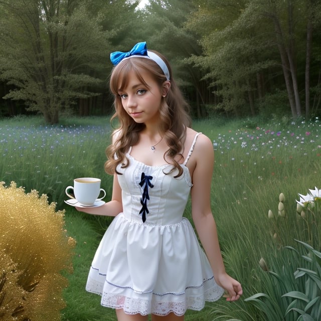 (alice in wonderland), baroque, cute, colorful fantastic, outdoors (forest), (depth of field: 1.25), (alone), (1 girl), ((golden hair)), ([messy] long hair), (hairband with bow), blue eyes, bow, maid dress (blue+white), white pantyhose, (dramatic angle: 1.2), looking to side, books, clock, teapot, [plate], coffee cup, floating, lily (flower),(dessert:1.2),flower meadows, (ultra-detailed:1.2),(illustration:1.25), VaneL