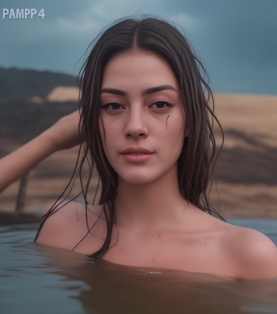 (very detailed), (realistic), (photography), a dirty wet woman with messy hair, camera up, dramatic scene, a woman in a burning field with a fire at the bottom of the water, skin and hair, high skin detail, 4k, film, cinematic, ((MagicPerez))