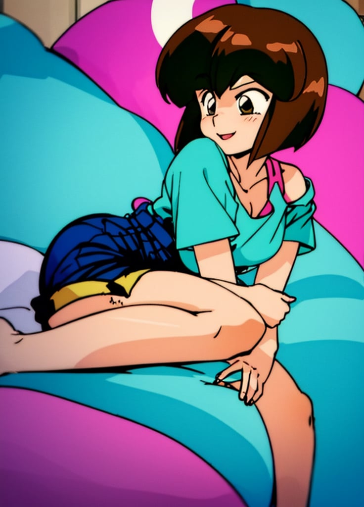 1 girl, solo, crazy girl smile, Aqua_shirt_Pink_undershirt_Short_shorts, full body, anime coloring,,,, TendouNabiki