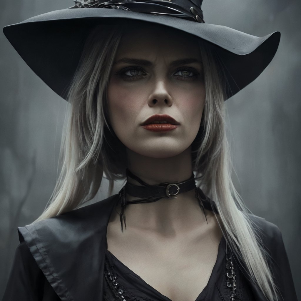 Epicrealism, a beautiful witch with a pointy hat, half turn, gothic fashion, symbol details, extremely detailed image, occultism symbology, abstract atmosphere, surrealistic to the maximum, 4k definition, illustration, very detailed, desolation, depressive climate, gloomy, very little light, underworld with ancient details, pic cinematic brilliant, stunning intricate, meticulously detailed, dramatic atmospheric, maximalist digital matte painting, darkness, gloomy atmosphere, Hansruedi Giger llllolo art, Hansruedi Giger llllolo art, horror atmosphere, art gore, unpleasant,1 girl,Realistic,VivianaC