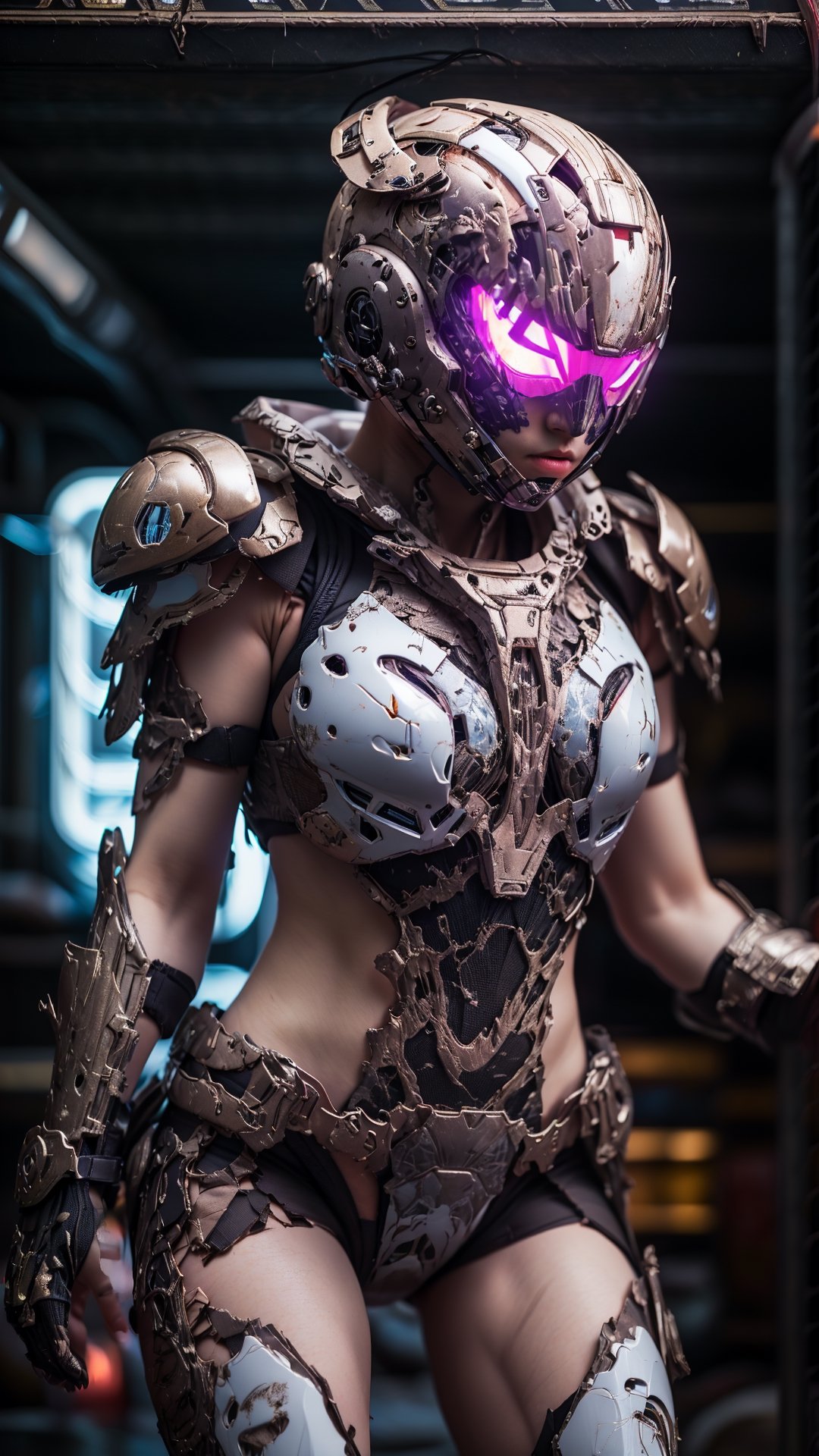 (Super sexy superheroines), ((ultra detailed)), ((High resolution)),((high detail)), photorealistic, masterpiece, official art, space battlefield background, (blurred background), raw photography , (best quality), (8k resolution), beautiful eyes, (delicate face), ((hyper-detailed face)),((hyper-detailed eyes)),sole_female, character focus, 37 years old, black hair, short hair, armor futuristic military, woman in futuristic military armor, sexy futuristic military armor suit, holding futuristic military weapon, (((neon light futuristic military suit))),(((exposed thighs))), perfect detail, perfect feet , sexy legs, medium chest, a lot of exposed skin, full body, prepare for combat, (((futuristic transparent full-face helmet))), cut neckline, torn clothes, broken armor, broken armor, damaged armor, dirty armor, injured face , dirty face, cinematic lighting, dark studio, futuristic military armor,
