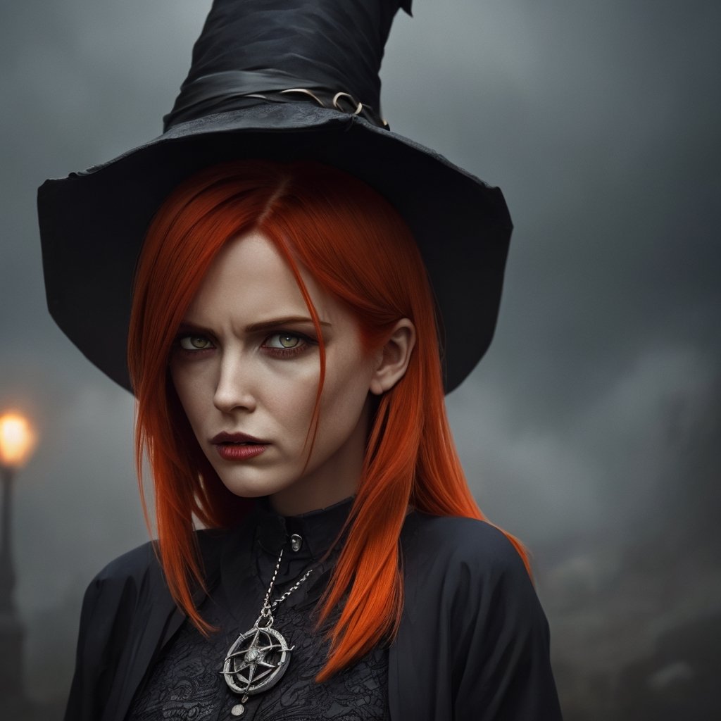 Epicrealism, a beautiful witch with a pointed hat, half turn, gothic fashion, symbol details, extremely detailed image, occult symbology, abstract atmosphere, surreal to the max, 4k definition, illustration, highly detailed, desolation, depressive weather, gloomy, very low light, underworld with ancient details, brilliant cinematic image, impressively intricate, meticulously detailed, dramatic atmospheric, maximalist digital matte painting, darkness, gloomy atmosphere, Hansruedi Giger llllolo art, Hansruedi Giger llllolo art, horror atmosphere, bloody art, unpleasant ,((1 red-haired woman)),realistic,vivianac