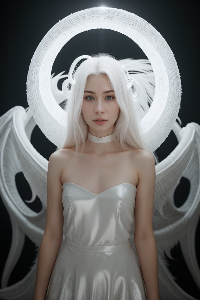 A young woman with sleek, backcombed hair stands confidently against a radiant white backdrop, enveloped by an ethereal glow. A majestic white dragon emerges from the shadows behind her, its shimmering scales reflecting the soft light like moonlit ice. Soft, Lofi lighting illuminates her upper body, showcasing every detail of her enigmatic expression and the mystical creature beside her.