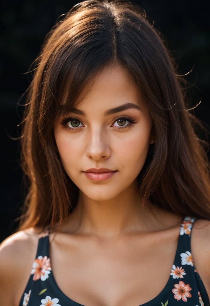 realistic beauty photo headshot of a simple young modern female
 DawnWells in a simple summer print dress
in a dark theme simple  black background, RAW, analog style, sharp focus, 8k, ultra high resolution, DSLR, high quality, Fujifilm XT3, film grain, award winning, masterpiece