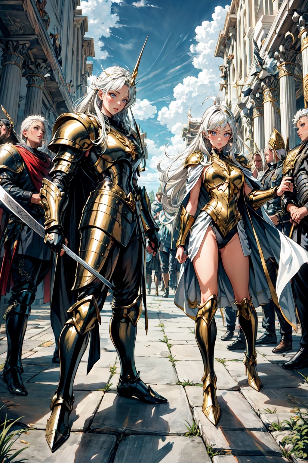 absurdres, highres, ultra detailed,Insane detail in face, ((girl:1.3)), Gold Saint, Saint Seiya Style, Gold Armor, Full body armor, no helmet, Zodiac Knights, Grey hair, fighting pose, Pokemon Gotcha Style, gold gloves, long hair, white long cape, messy_hair, Gold eyes, black pants under armor, full body armor, beautiful old greek temple in the background, beautiful fields, insane detail full leg armor, god aura, sagittarius armor, Elysium fields, ready for battle,FUJI,midjourney, insane detail in armor, ,Film(/FUJI/), (army, crowd of soldiers) swords