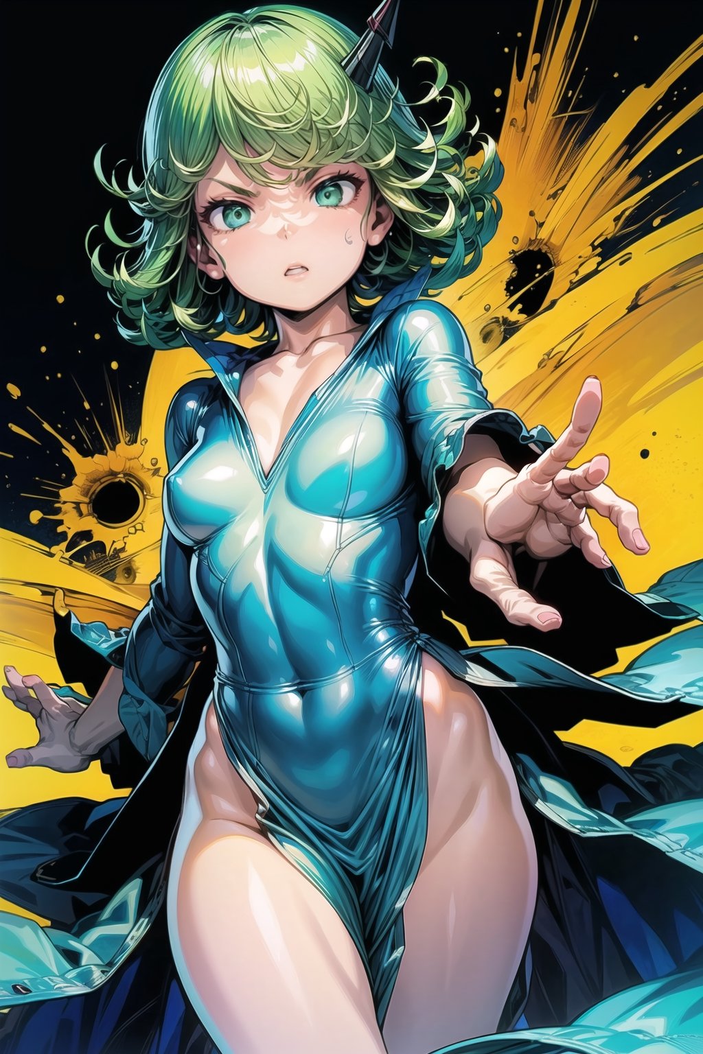 (masterpiece, best quality, 1girl, Tatsumaki, Terrible_Tornado, looking at viewer, angry, attack pose, short hair, bangs, green hair, green eyes, detailed eyes, collarbone, thighs, small breasts, parted lips, green hair, long sleeves, dark green dress, pelvic curtain, side slit, curly hair, flipped hair, open hand, reaching out, , TatsumakiOPM,tatsumakitornado