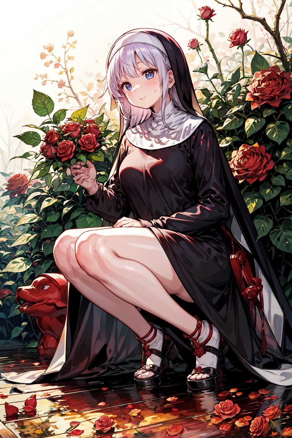 masterpiece, {{illustration}} 1 girl, full body, serene face, calm, black nun's dress, headband of red roses, poisonous roses, praying, inherited by thorny brambles, in front of rose bushes with red roses, scarlet dragon in the background in the middle of a forest. (sweaty:1.1),,