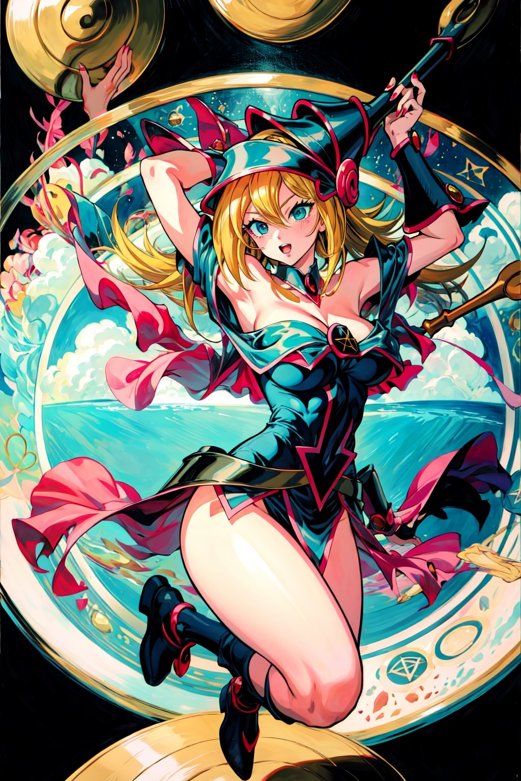 dark magician girl, masterpiece, best quality, 1girl, blonde hair, blue footwear, blue headwear, masterpiece, best quality, bouncing boobs, misaligned boobs, big milkers, motion blur, jumping, arms up, happy, huge boobs, breasts, duel monster, hat, hexagram, large breasts, long hair, looking at viewer, nail polish, open mouth, pentacle, pentagram, solo, staff, wand, wizard hat, yu-gi-oh!, girl coming out of a magic magician hat,hmdmg1, blush, command spell, magic, magic circle,blush stickers, cleavage, bare shoulders,murata yuusuke,dress, off shoulder