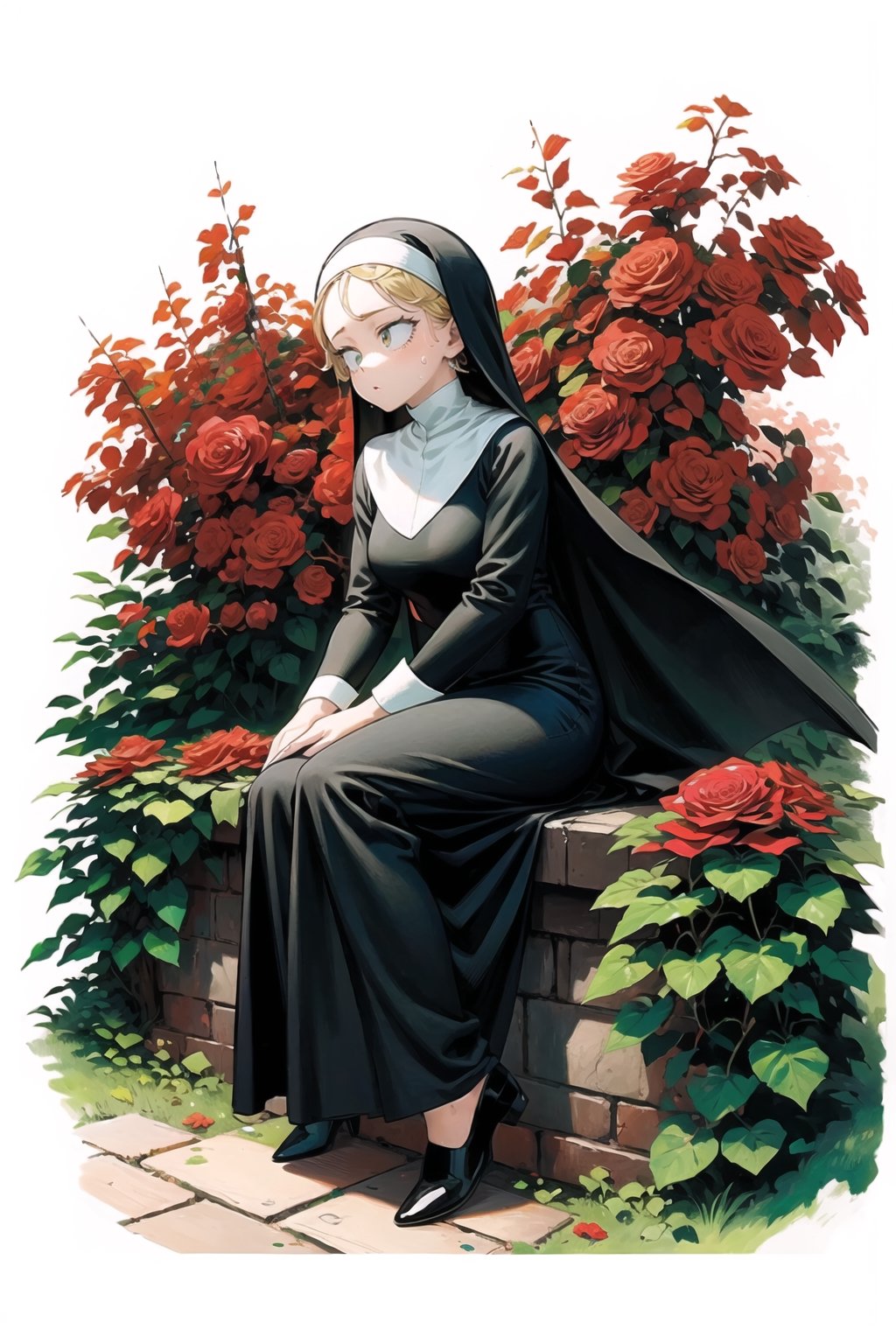 masterpiece, {{illustration}} 1 girl, full body, serene face, calm, black nun's dress, headband of red roses, poisonous roses, praying, inherited by thorny brambles, in front of rose bushes with red roses, scarlet dragon in the background in the middle of a forest. (sweaty:1.1),,