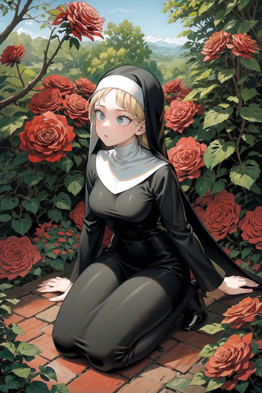 masterpiece, {{illustration}} 1 girl, full body, serene face, calm, black nun's dress, headband of red roses, poisonous roses, praying, inherited by thorny brambles, in front of rose bushes with red roses, scarlet dragon in the background in the middle of a forest. (sweaty:1.1),,