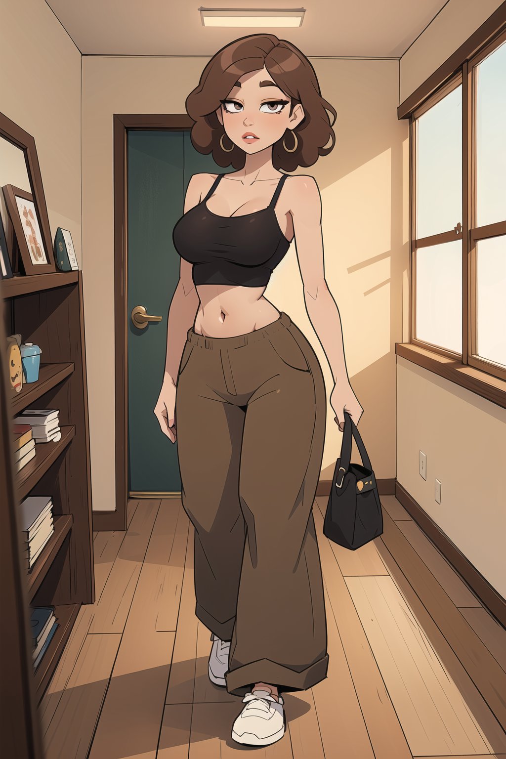 masterpiece, best quality, 1girl, solo, brown hair, short hair, curly hair, big eyebrows, (oversized camisole, baggy pants) , perfect eyes,  makeup, big lips, curvy_figure, indoors,  style,mature female,SAM YANG