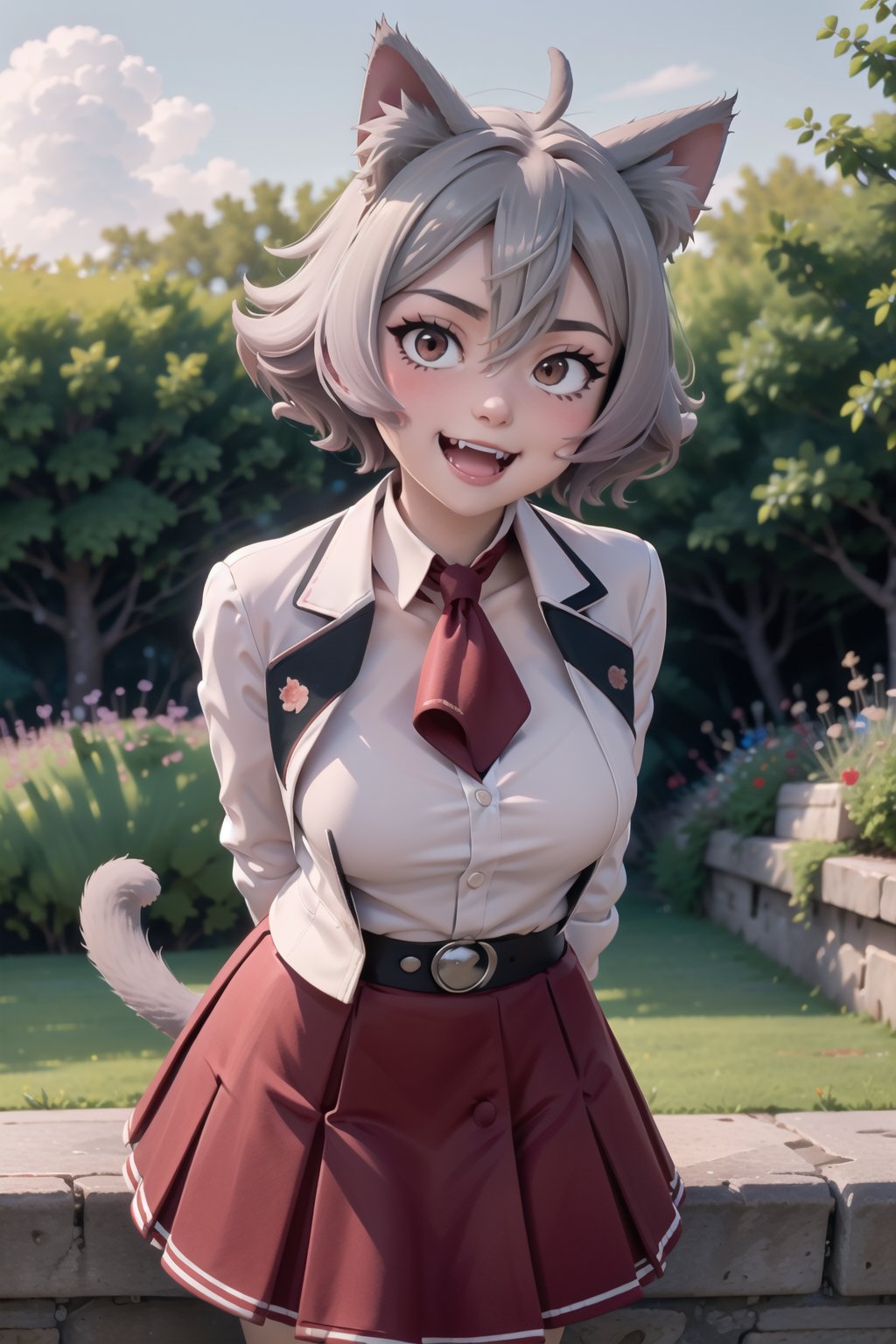 (masterpiece, best quality, ultra detailed),  full-face blush, smile, happy, fangs, open mouth, rinia_dedoldia, animal ears, short hair, cat ears, 1girl, solo, looking at viewer, medium breasts, hair between eyes, ahoge, animal ear fluff, ((tail, shirt, cat tail)), skirt, jacket, pleated skirt, red skirt, white shirt(outdoors, garden, arms behind back, leaning forward)