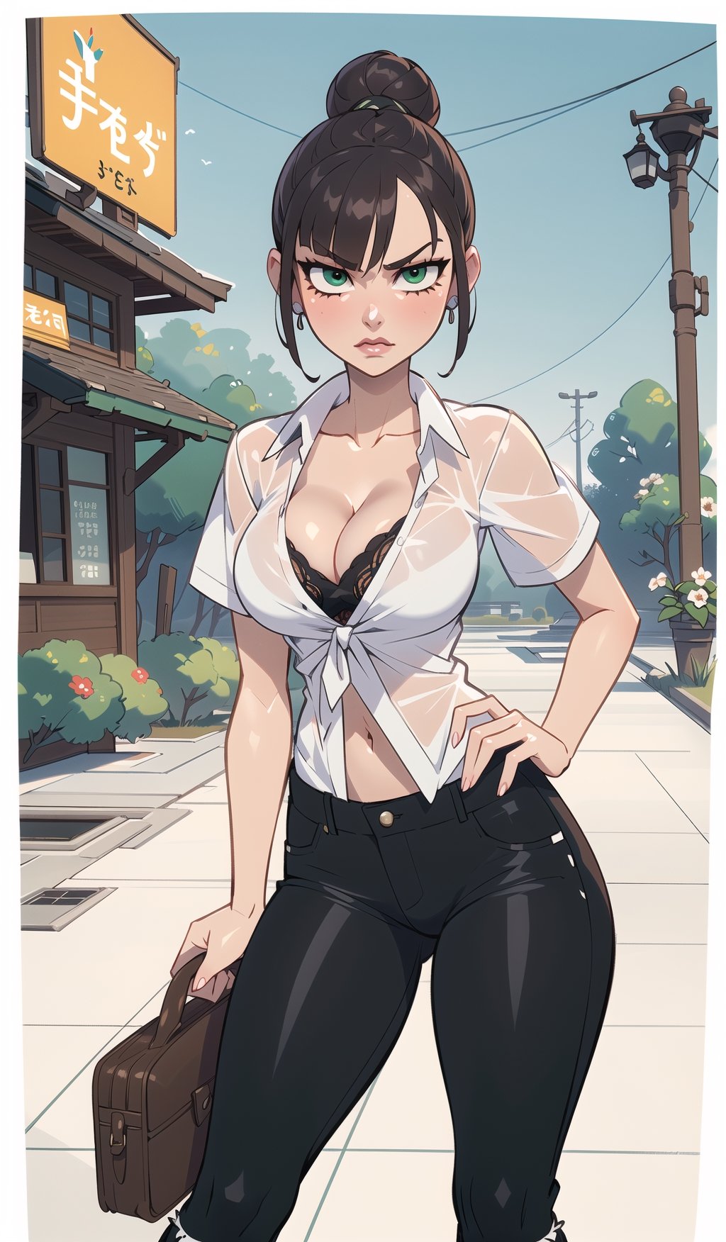 ((Best quality, masterpiec)), solo, 1girl , brunette, bun hair,  serious, brown skin, green eyes, (fringe, shirt, short_sleeves, black pants, cleavage), medium breasts,  (mature female:1.6), Balsamique,SAM YANG, beautiful,Cartoon,uzakitsuki