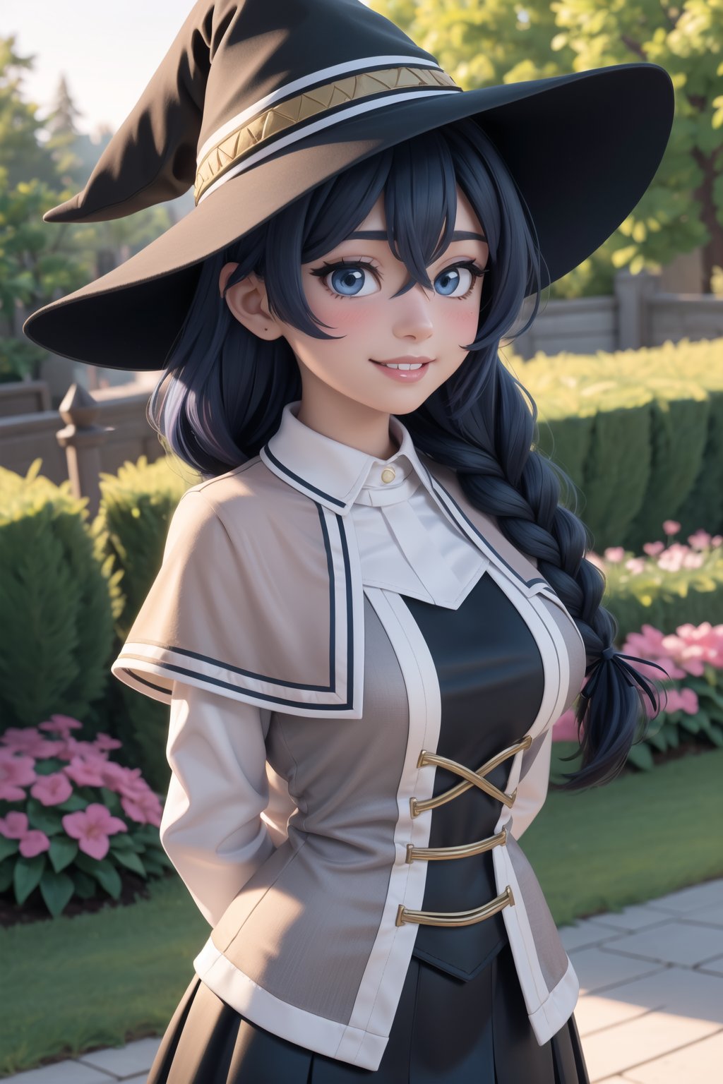 masterpiece, best quality, ultra detailed, perfect face, detailed face, full-face blush, smile, happy, parted lips, milf,  roxy_migurdia, 1girl, solo, long hair, braid, hair between eyes, twin braids, very long hair, long sleeves, hat, witch hat, ahoge, crossed bangs, black headwear, skirt, shirt, ribbon, (medium breasts), capelet(outdoors, garden, arms behind back)