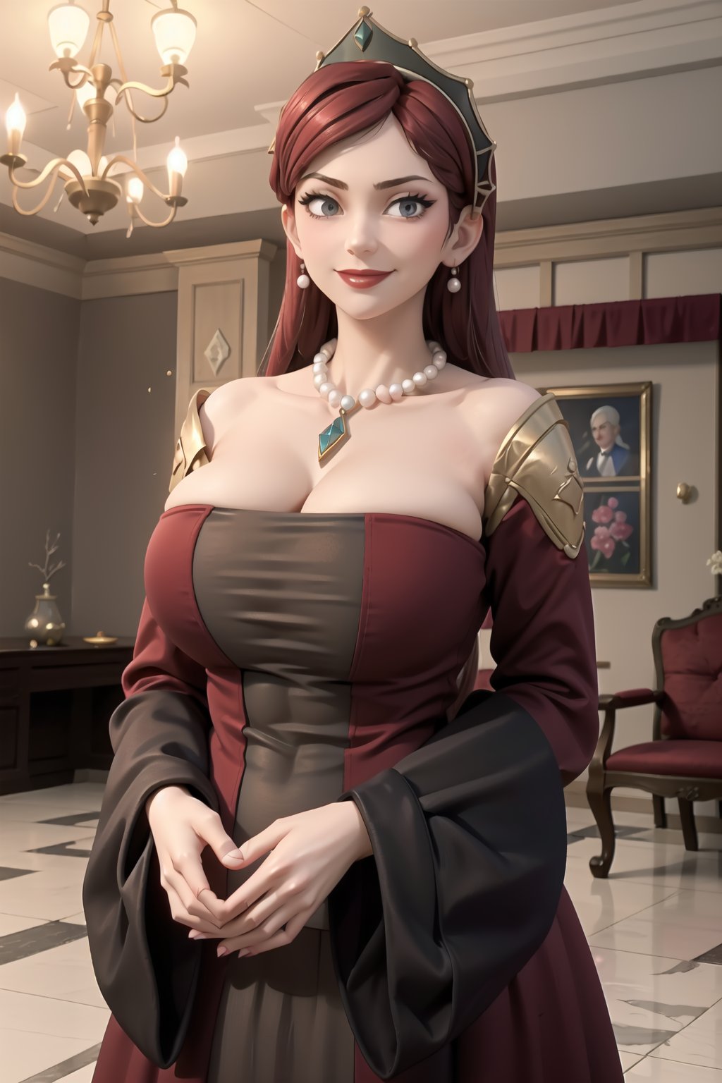 masterpiece, best quality,  hildagreyrat, grey eyes, headdress, earrings, pearl necklace, pendant, large breasts, red dress, cleavage, long dress, wide sleeves, upper body, looking at viewer, smile, mansion, chandelier, arms down