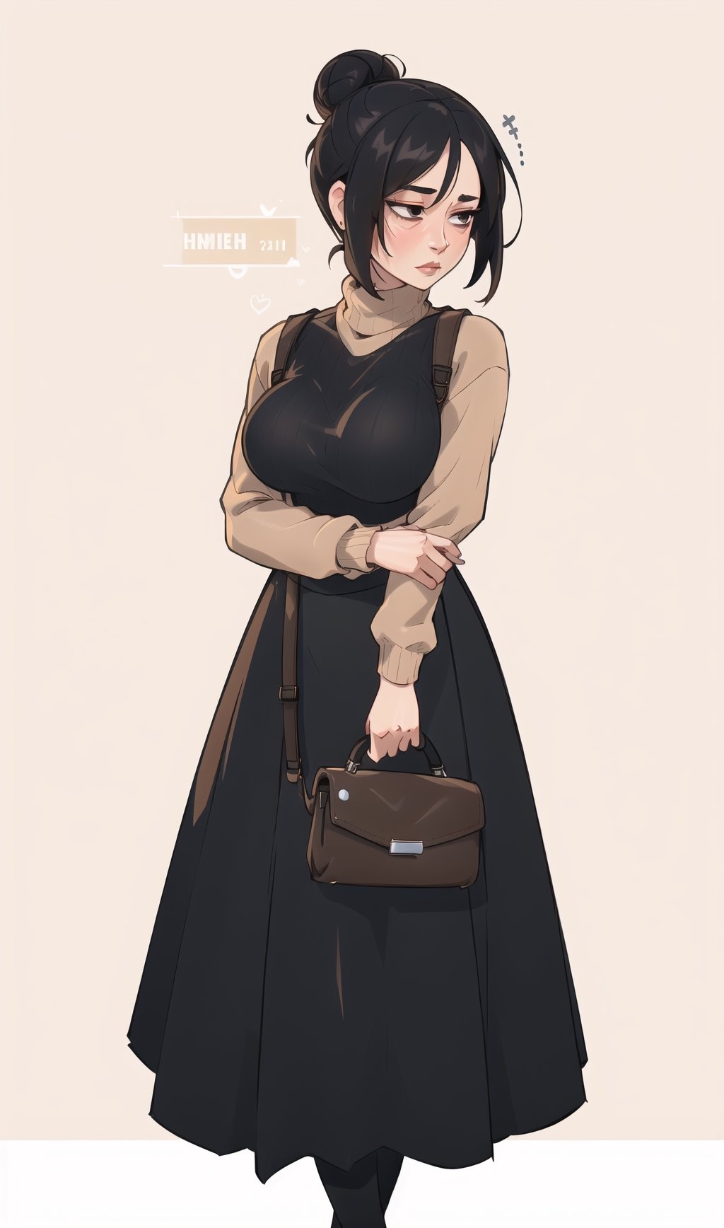 ((Best quality,  masterpiec)),  (mature female:1.5),  solo,  1female,  black hair,  bun,  sweater, black sweater,  expressionless face, skirt  very long beige skirt,  brown bag,    medium breasts,  simple_background,IncrsNikkeProfile