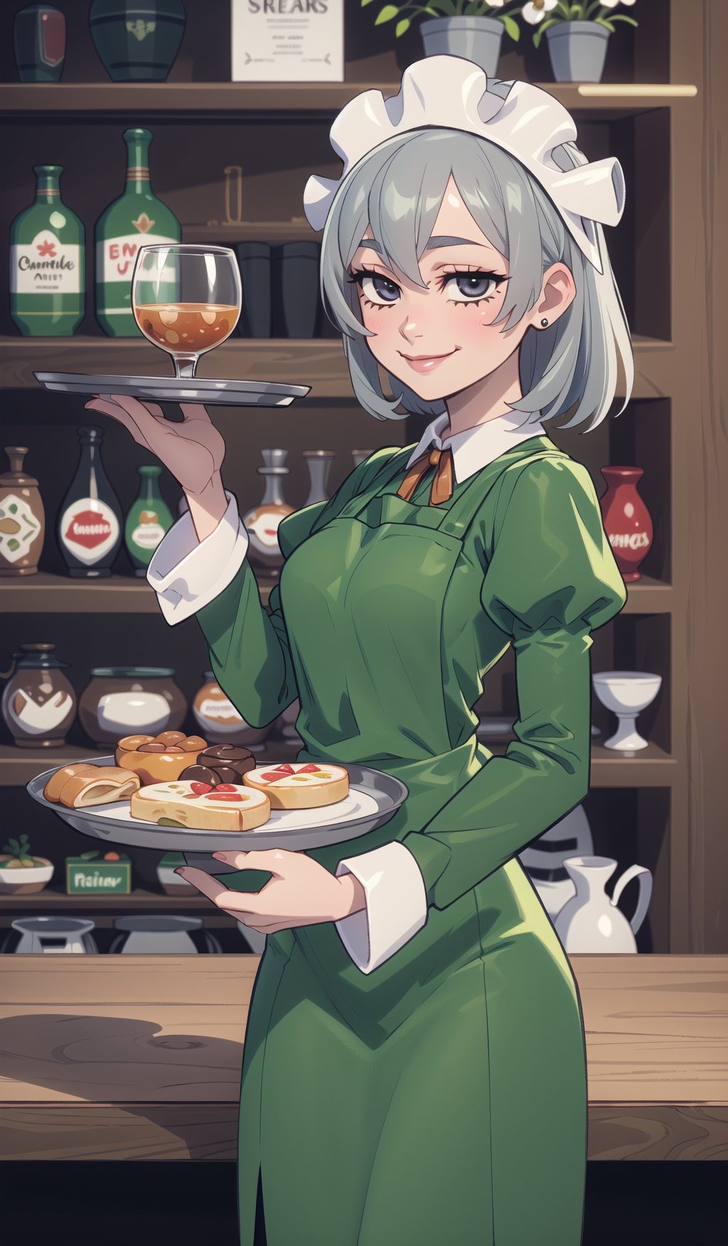 ((Best quality, masterpiec)),  syr flova, grey hair, maid headdress, green dress, apron, smile, happy, closed mouth, holding tray, bar, tavern, (mature female:1.3), Balsamique,SAM YANG, beautiful,Cartoon,syr flova,(best quality