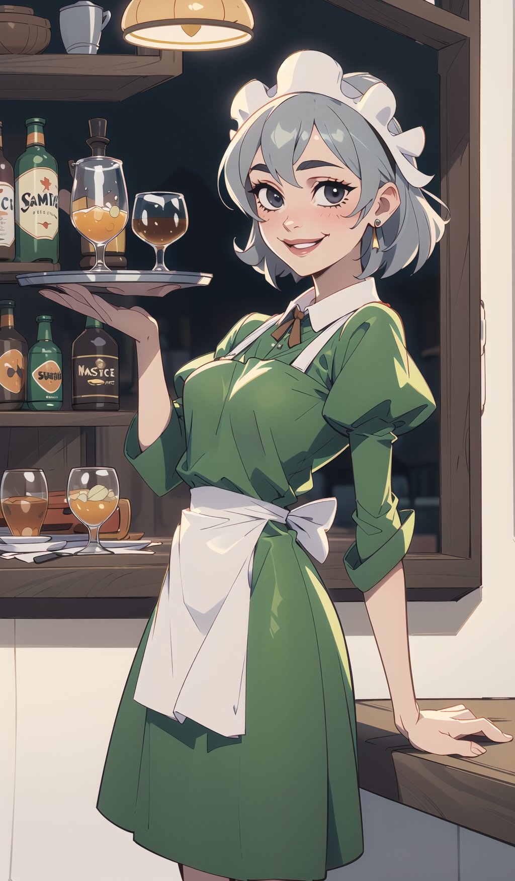 ((Best quality, masterpiec)),  syr flova, grey hair, maid headdress, green dress, apron, smile, happy, closed mouth, holding tray, bar, tavern, (mature female:1.3), Balsamique,SAM YANG, beautiful,Cartoon,syr flova,(best quality