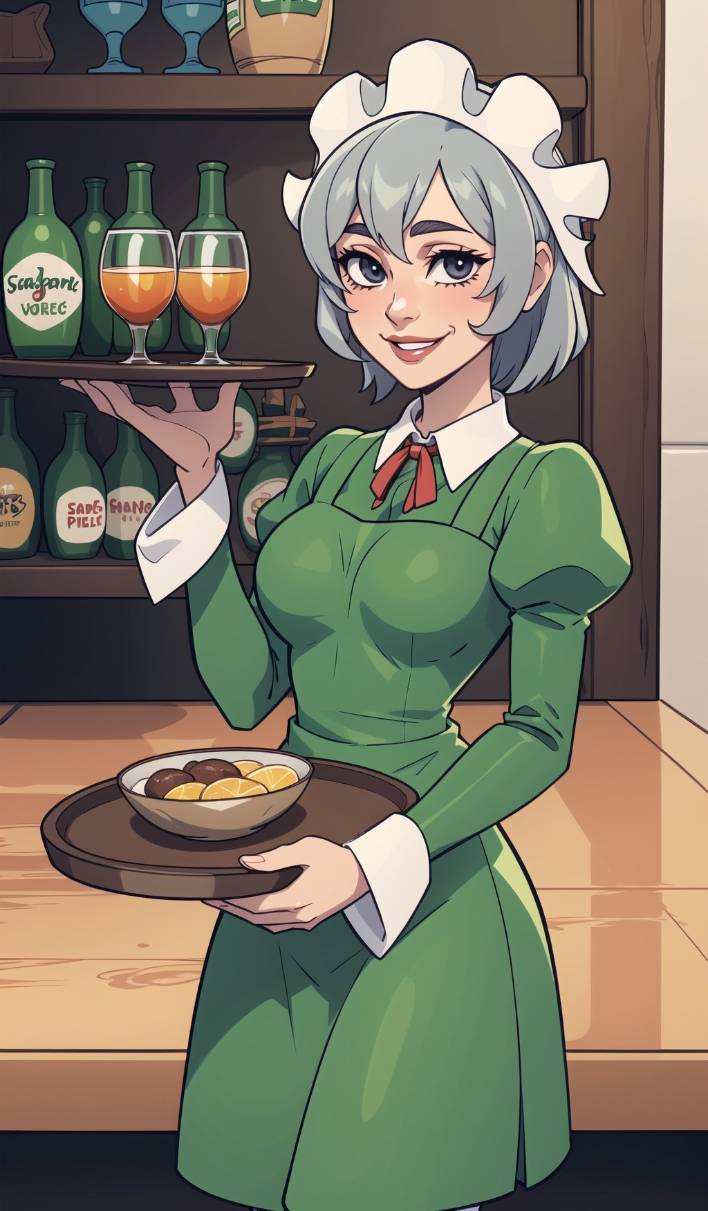 ((Best quality, masterpiec)),  syr flova, grey hair, maid headdress, green dress, apron, smile, happy, closed mouth, holding tray, bar, tavern, (mature female:1.3), Balsamique,SAM YANG, beautiful,Cartoon,syr flova,(best quality