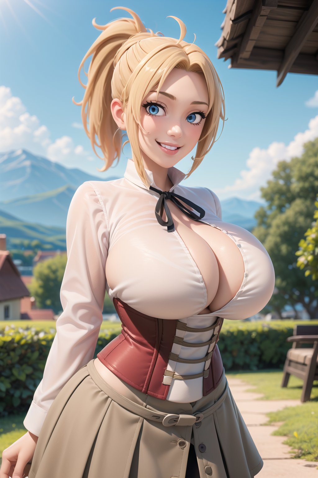 best quality, masterpiece, 1girl, (solo:1.1), raytracing, ultra detailed,detailed face, 8k wallpaper, (wide hips:1.1), , ZenithGreyratNDV, 1girl, blonde hair, blue eyes, (big breasts:1.4), medium hair, ponytail, bangs, ribbon, collared shirt, , mature female, cottage, village, red shirt, brown skirt, corset, smile