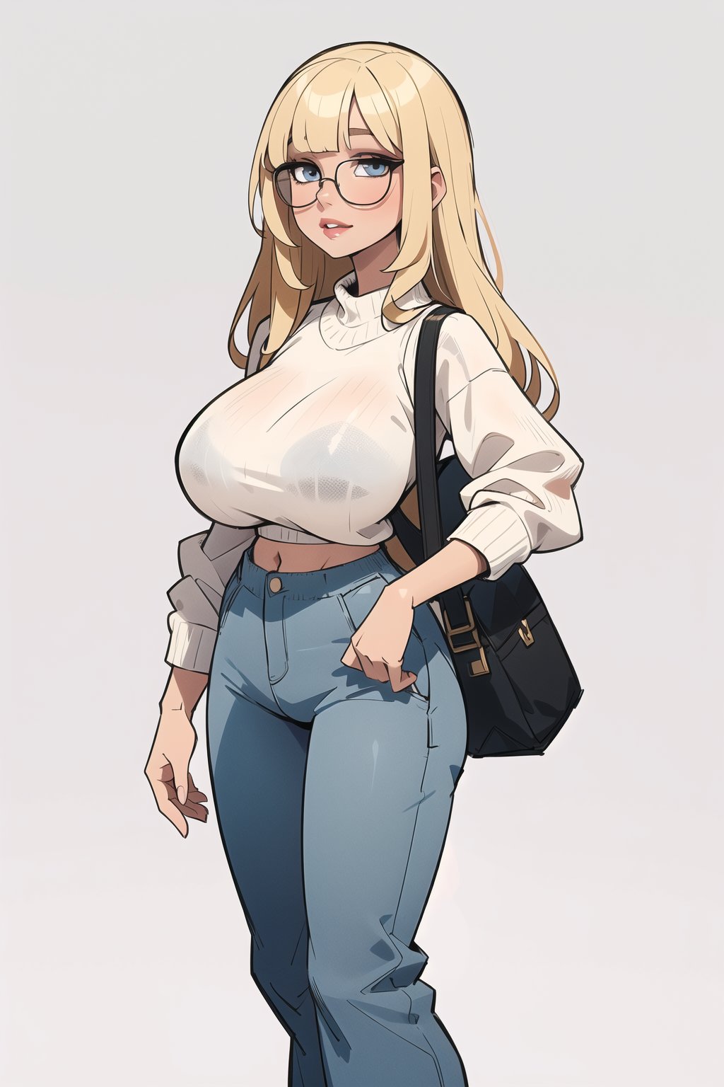 masterpiece, best quality, 1girl, solo, happy, blonde hair, long hair, ((fringe)),  (short_heigh,  white sweater, baggy pants), round glasses,  perfect eyes,  makeup, big lips, curvy_figure,  style,mature female,SAM YANG