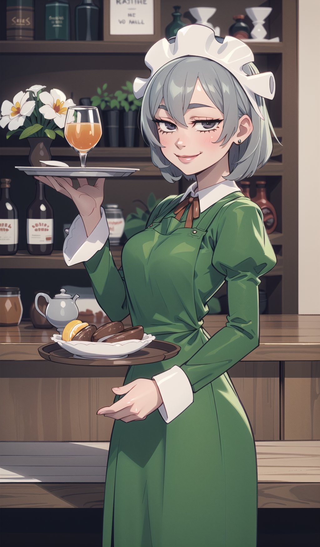 ((Best quality, masterpiec)),  syr flova, grey hair, maid headdress, green dress, apron, smile, happy, closed mouth, holding tray, bar, tavern, (mature female:1.3), Balsamique,SAM YANG, beautiful,Cartoon,syr flova,(best quality