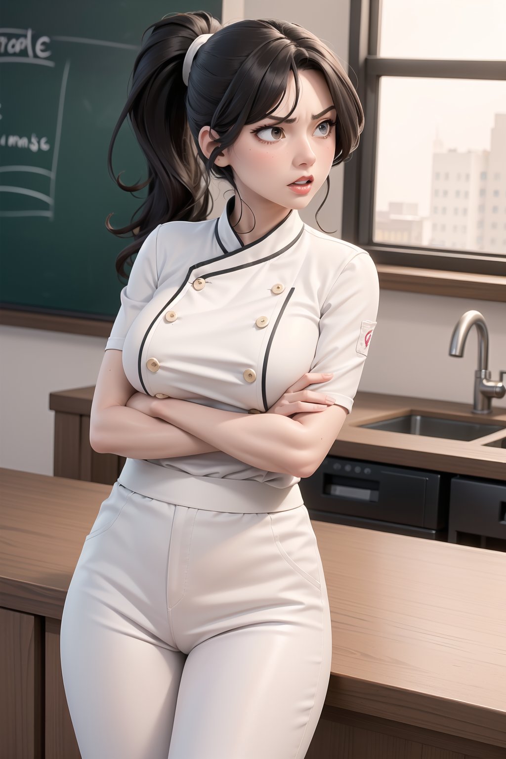 masterpiece, best quality, highres, mature female, aaerina, ponytail, long hair, white pants, chef, buttons, , standing, kitchen, cowboy shot, angry, (pressing breasts together, V arms, big breasts), indoors, classroom,Nakiri Erina