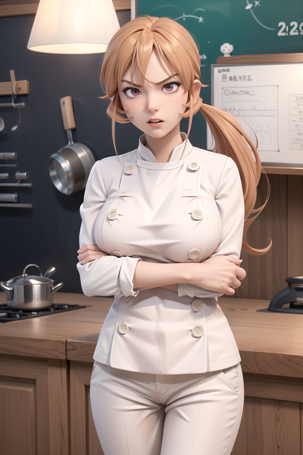 masterpiece, best quality, highres, mature female, aaerina, ponytail, long orange hair, white pants, chef, buttons, , standing, kitchen, cowboy shot, angry, (pressing breasts together, V arms, very big breasts), indoors, classroom,Nakiri Erina