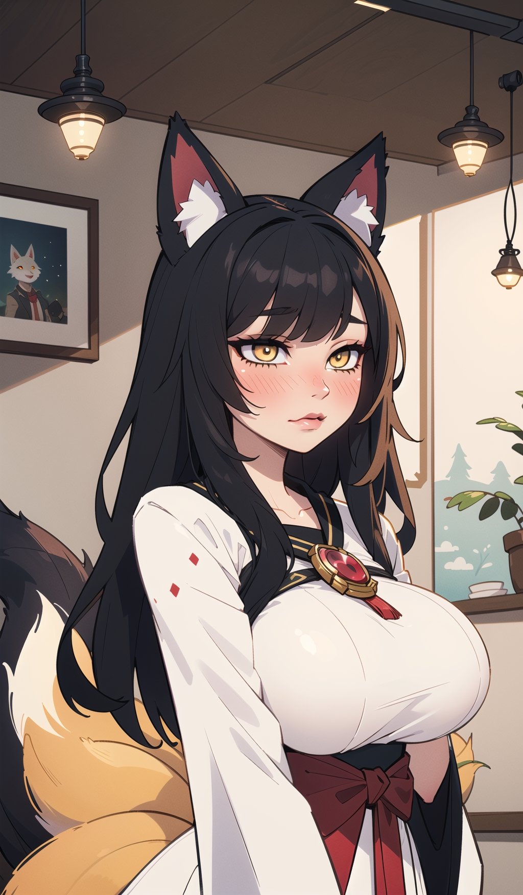 ((Masterpiece, best quality)), fox_tail, black-hair,5_figners,yellow_eyes,fox_girl,fox_ears,Ahri,midjourney,upper_body,1 girl,More Detail,perfect light,CJ painting, (big breasts), blushed