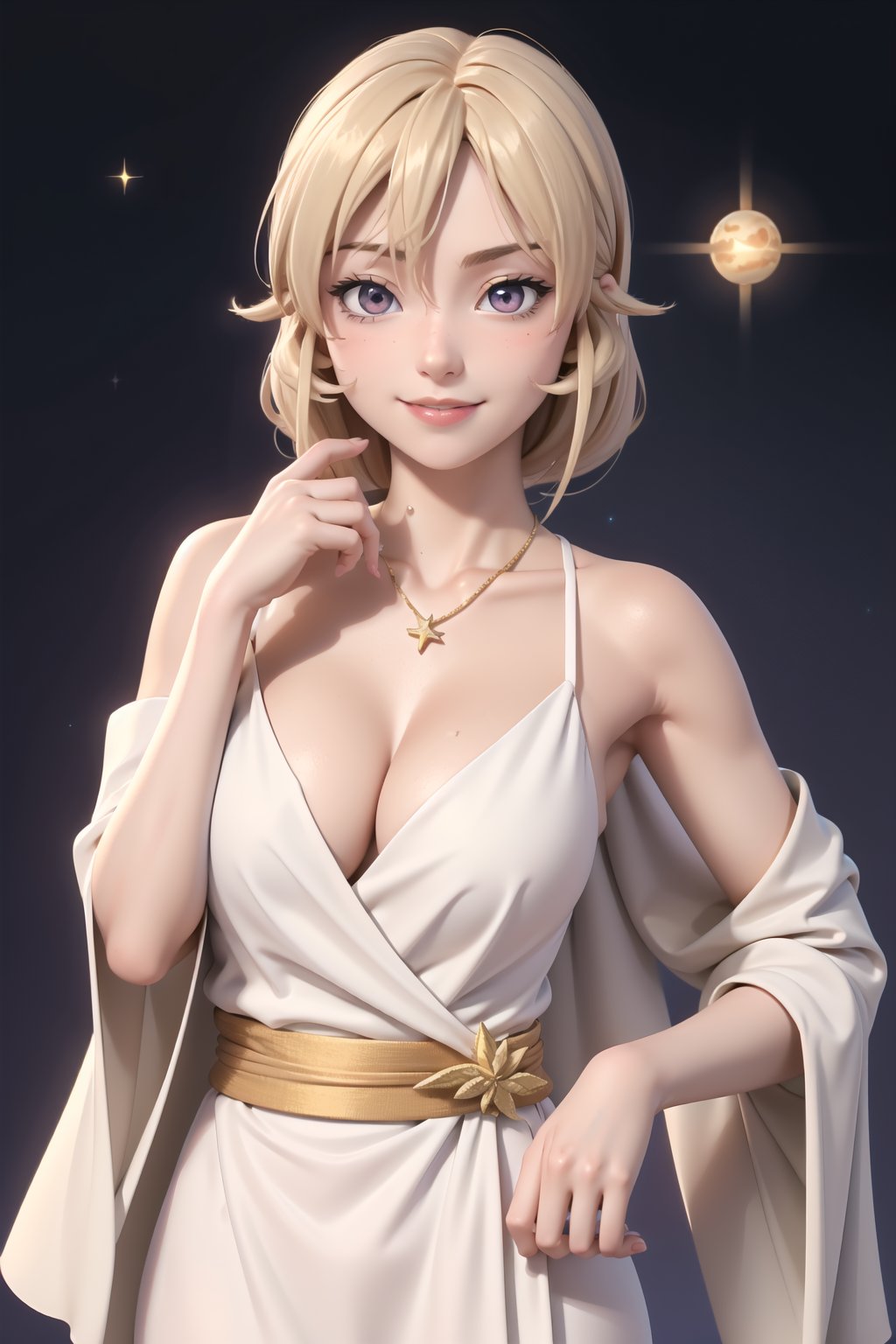 erina, 1girl, solo, long_hair, breasts, looking_at_viewer, smile, short_hair, blonde_hair, large_breasts, simple_background, white_background, cleavage, hair_between_eyes, bare_shoulders, jewelry, medium_breasts, very_long_hair, purple_eyes, collarbone, upper_body, sky, day, cloud, necklace, white_dress, blue_sky, sash, sparkle, leaf, sunlight