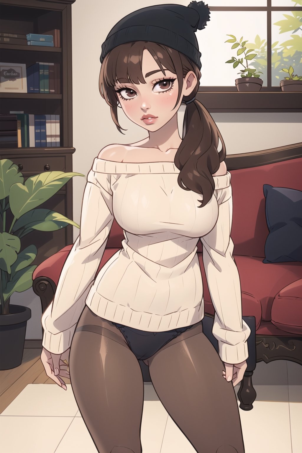 ((masterpiece, best quality, adult female )), 1girl, solo, long hair, breasts, looking at viewer, brown hair, shirt, long sleeves, hat, twintails, brown eyes, underwear, standing, panties, pantyhose, thighs, striped, indoors, off shoulder, lips, sleeves past wrists, black pantyhose, black panties, v, couch, panties under pantyhose, striped shirt, realistic, double v, beanie, striped sweater