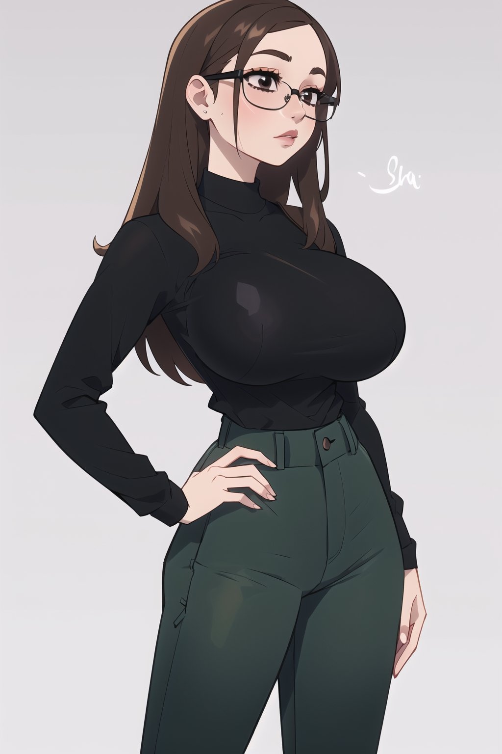 ((masterpiece, best quality, adult female )), solo, 1girl, brown hair, straight hair, glasses, short height, (black shirt with long sleeves , pants),  enormous breasts, standing ,simple background,  Balsamique,Nikki,mature female