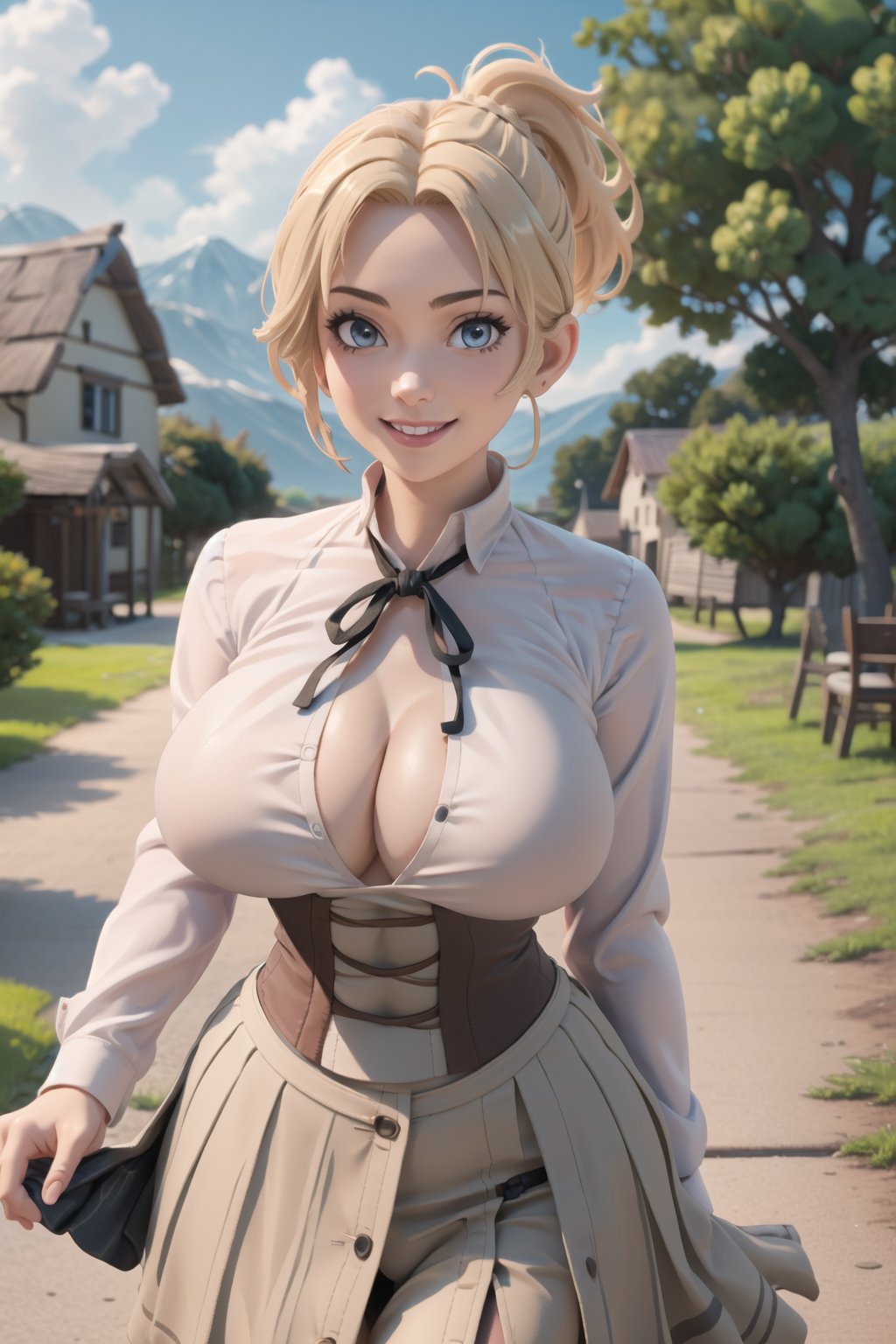 best quality, masterpiece, 1girl, (solo:1.1), raytracing, ultra detailed,detailed face, 8k wallpaper, (wide hips:1.1), , ZenithGreyratNDV, 1girl, blonde hair, blue eyes, (big breasts:1.4), medium hair, ponytail, bangs, ribbon, collared shirt, , mature female, cottage, village, red shirt, brown skirt, corset, smile