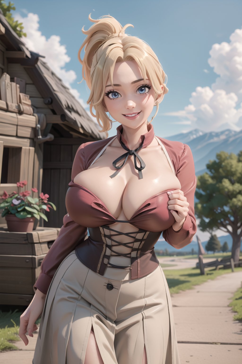 best quality, masterpiece, 1girl, (solo:1.1), raytracing, ultra detailed,detailed face, 8k wallpaper, (wide hips:1.1), , ZenithGreyratNDV, 1girl, blonde hair, blue eyes, (big breasts:1.4), medium hair, ponytail, bangs, ribbon, collared shirt, , mature female, cottage, village, red shirt, brown skirt, corset, smile