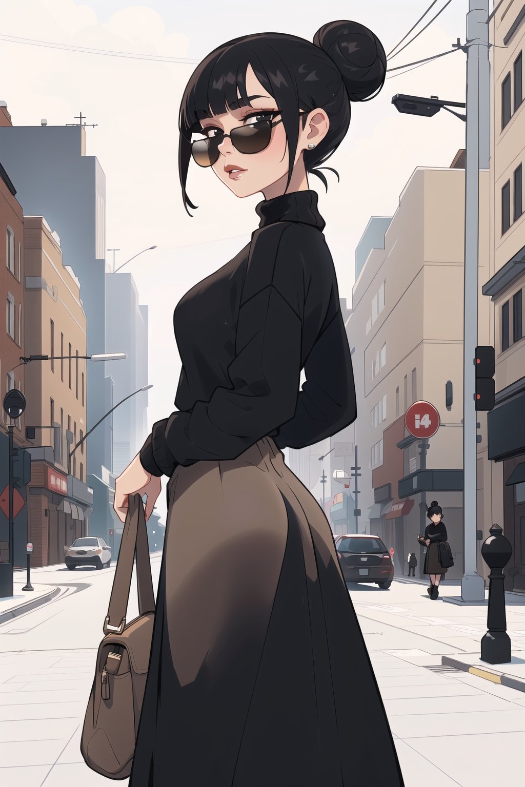 ((Best quality,  masterpiec, beautiful face)),  mature female,  solo,  1female, black hair,  back bun, long fringe, long bangs , sunglasses,   (black sweater, beige long skirt),  small breasts,  looking at viewer,  milfication,,,,